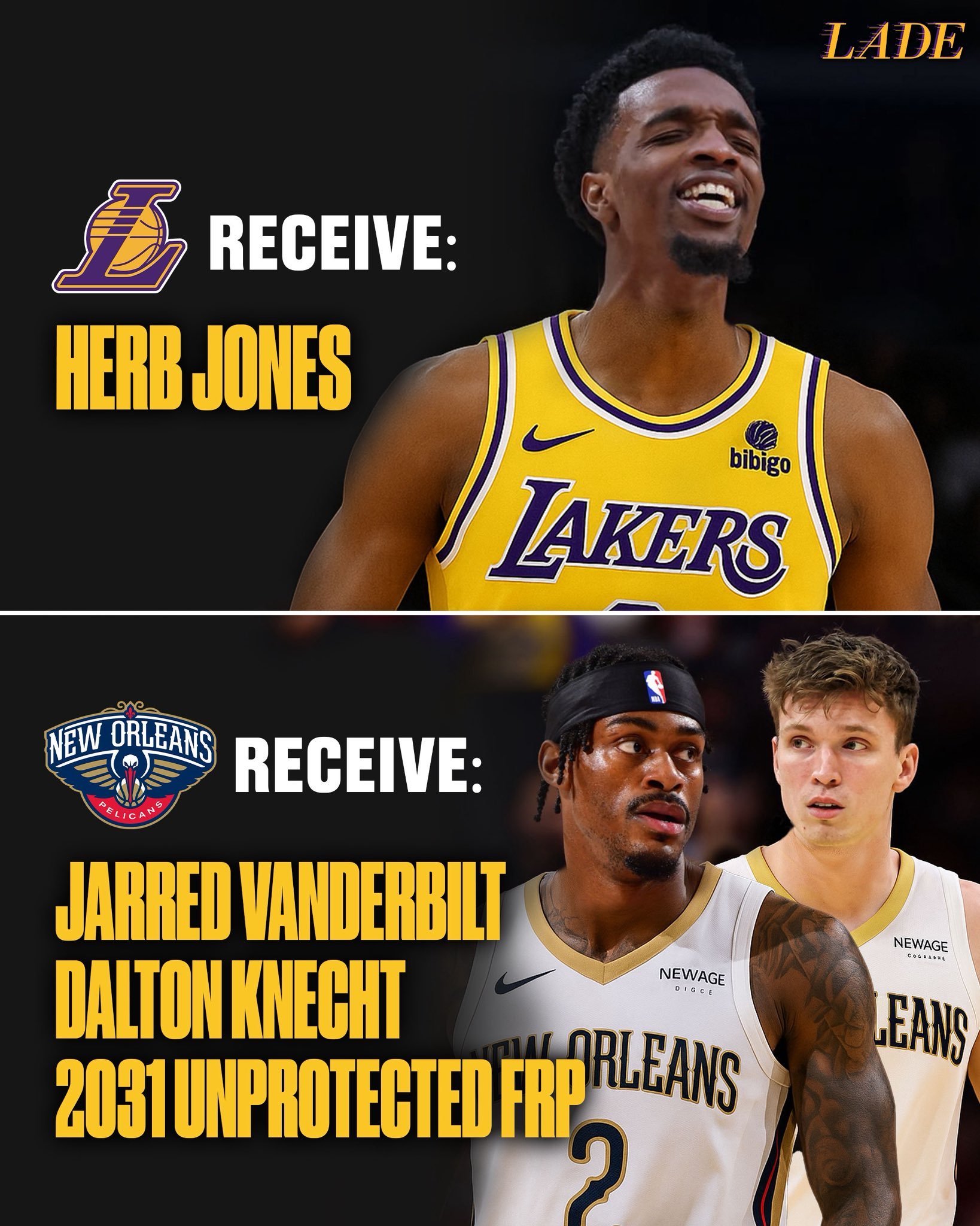 美媒提出的交易设想：湖人送出范德比尔特、克内克特、2031年无保护首轮，得到赫伯