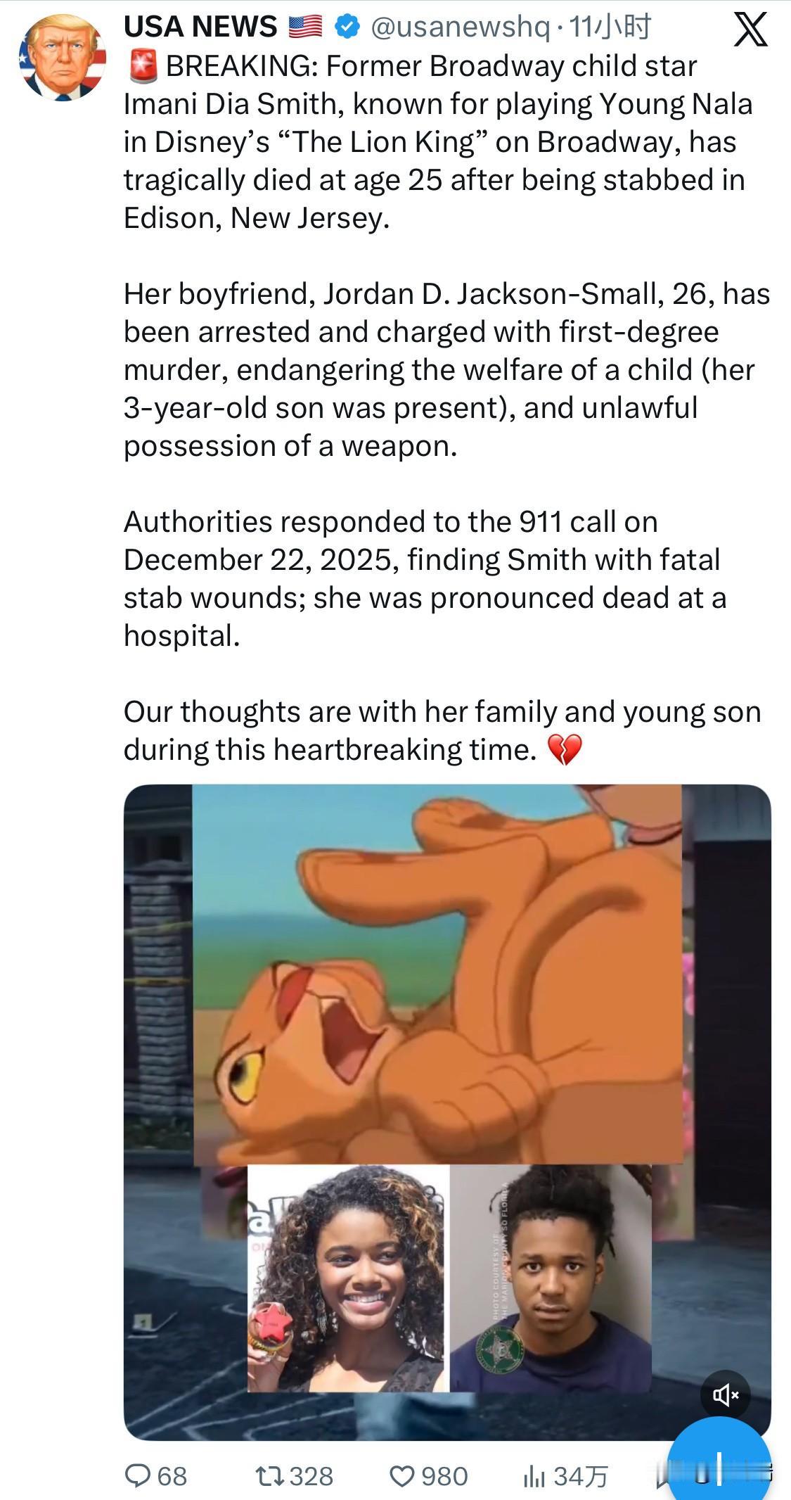 突发新闻：曾出演迪士尼百老汇音乐剧《狮子王》中幼年娜拉一角的百老汇童星伊玛尼·迪