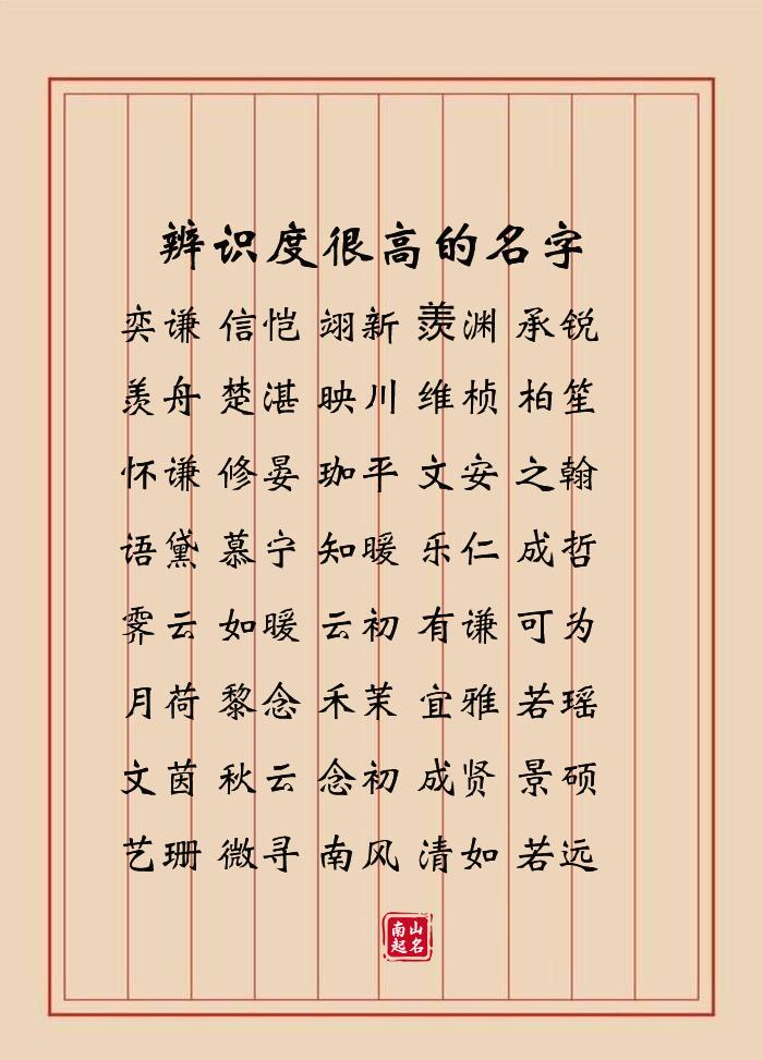 辨识度很高的名字，语笑嫣然的女孩名，豁达自信的男孩名