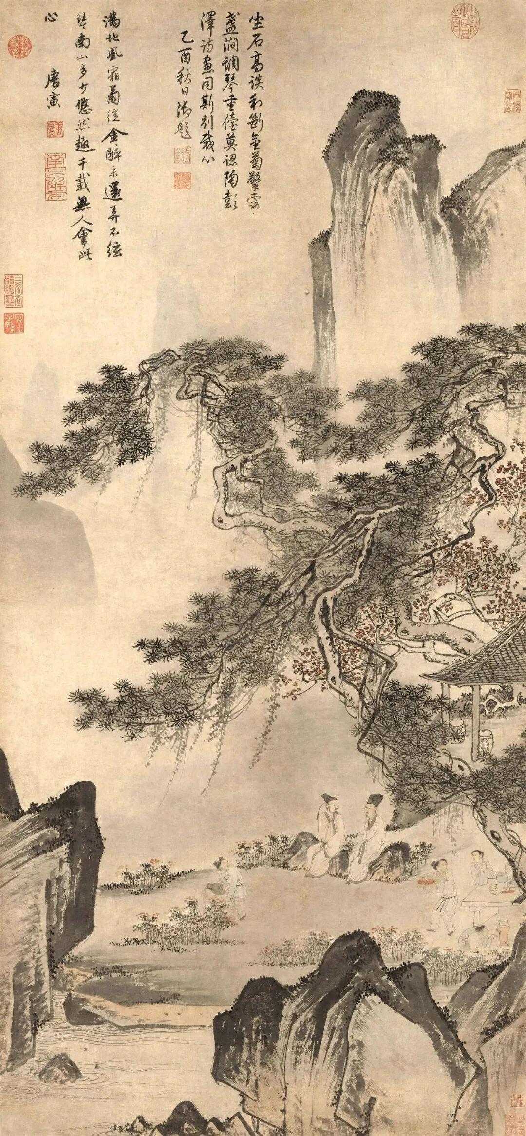 明 唐寅《东篱赏菊图》。画面核心定格了陶渊明与友人在山林间赏菊倾谈的场景，二人姿