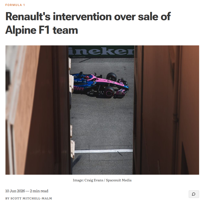 由于对谈判进展不满意，雷诺集团介入并终止了关于Alpine F1车队持股方Otr