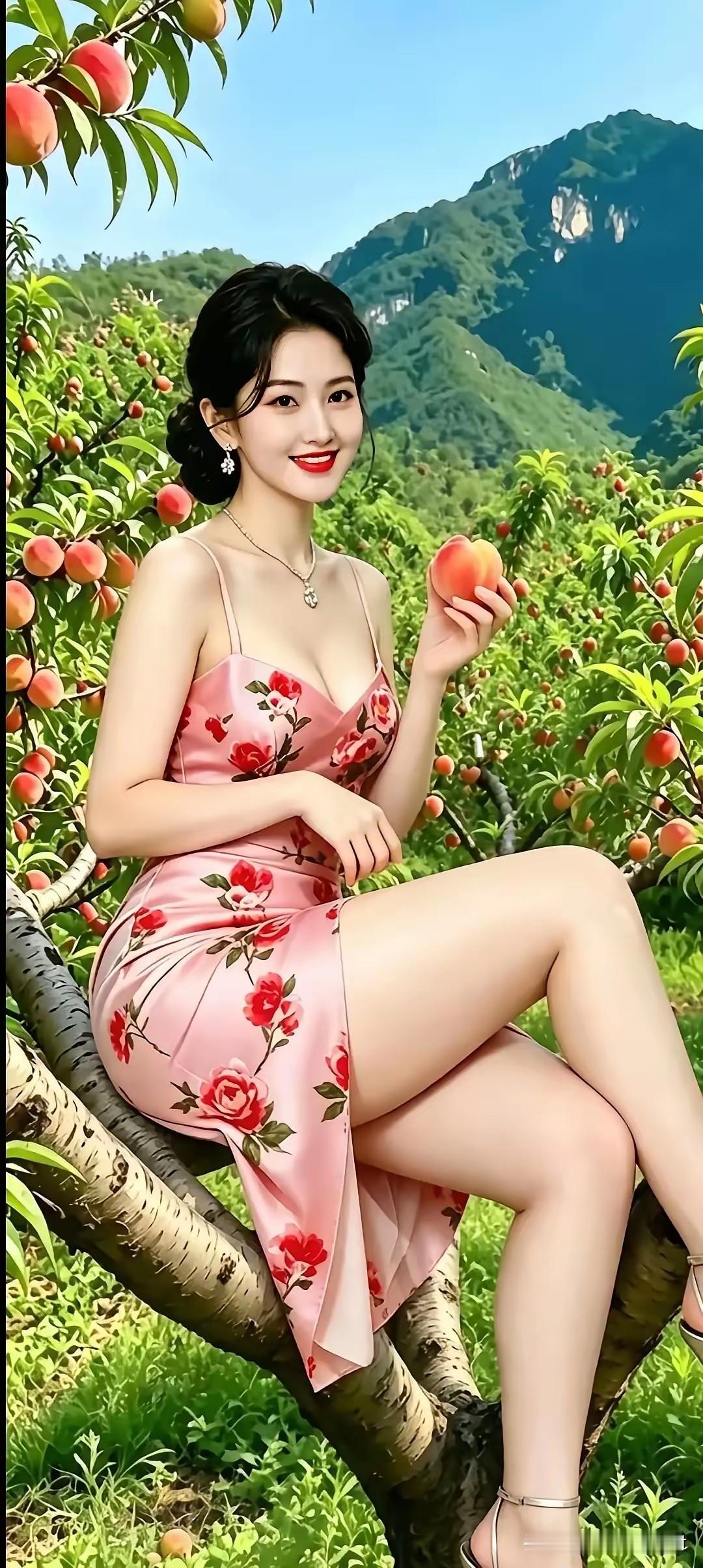梅花引·桃溪艳遇
 
翠峦悠，果香柔。一树丹桃映艳眸。
倚芳枝，醉晴曦，粉袂凝霞