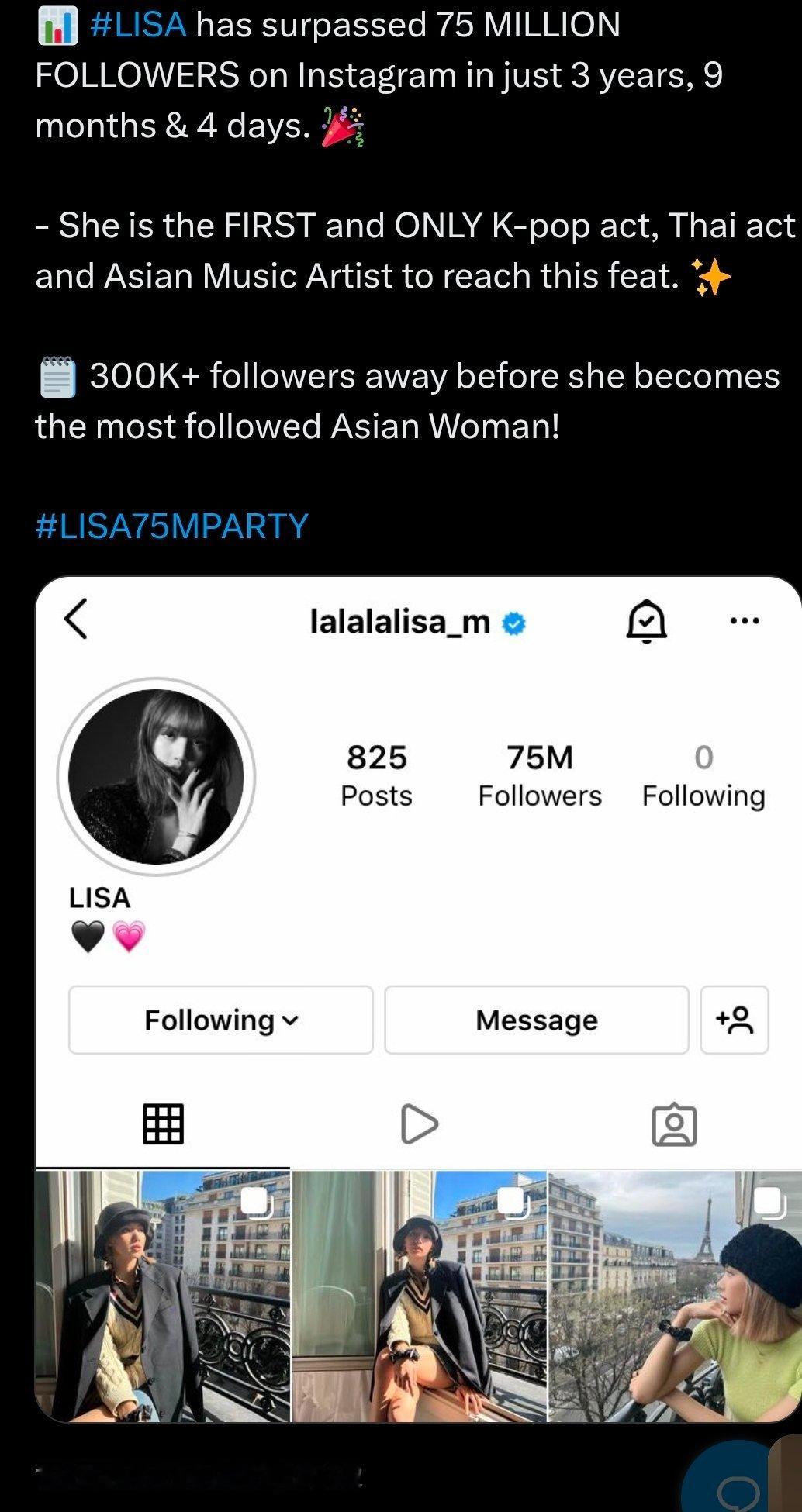 LISA 依旧是最快在ins 上达成7500万粉丝数的全球女爱豆&Kpop艺人，