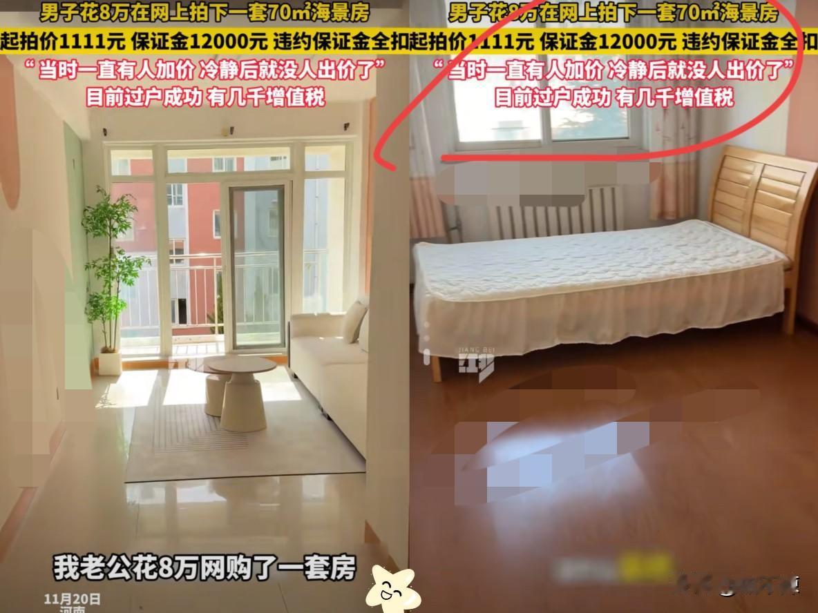河南一男子花8万，
在网上拍下一套70㎡海景房，
妻子却发现不对劲，起拍价111
