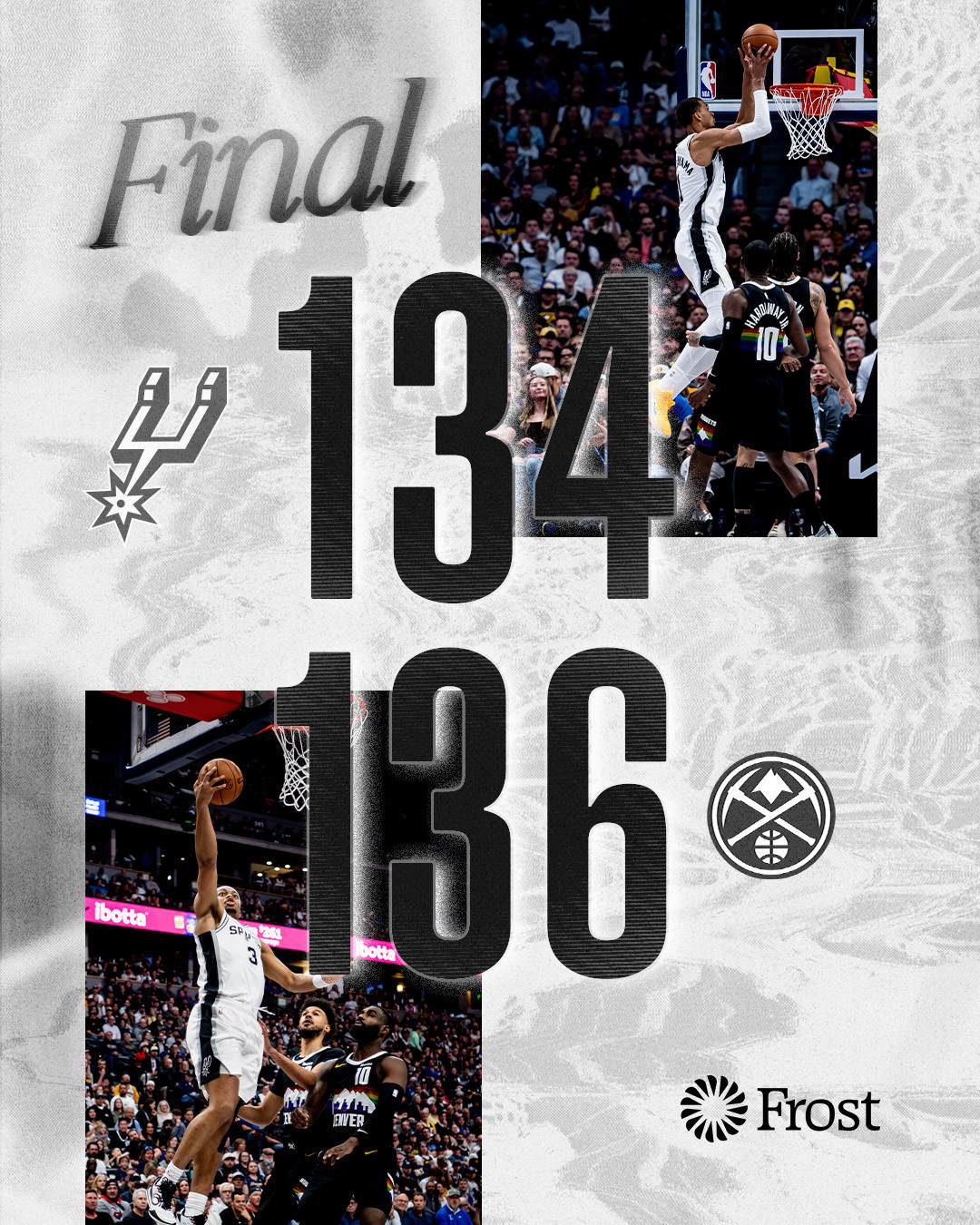 全场比赛结束！马刺客场134-136加时不敌掘金，结束11连胜马刺（59-19）