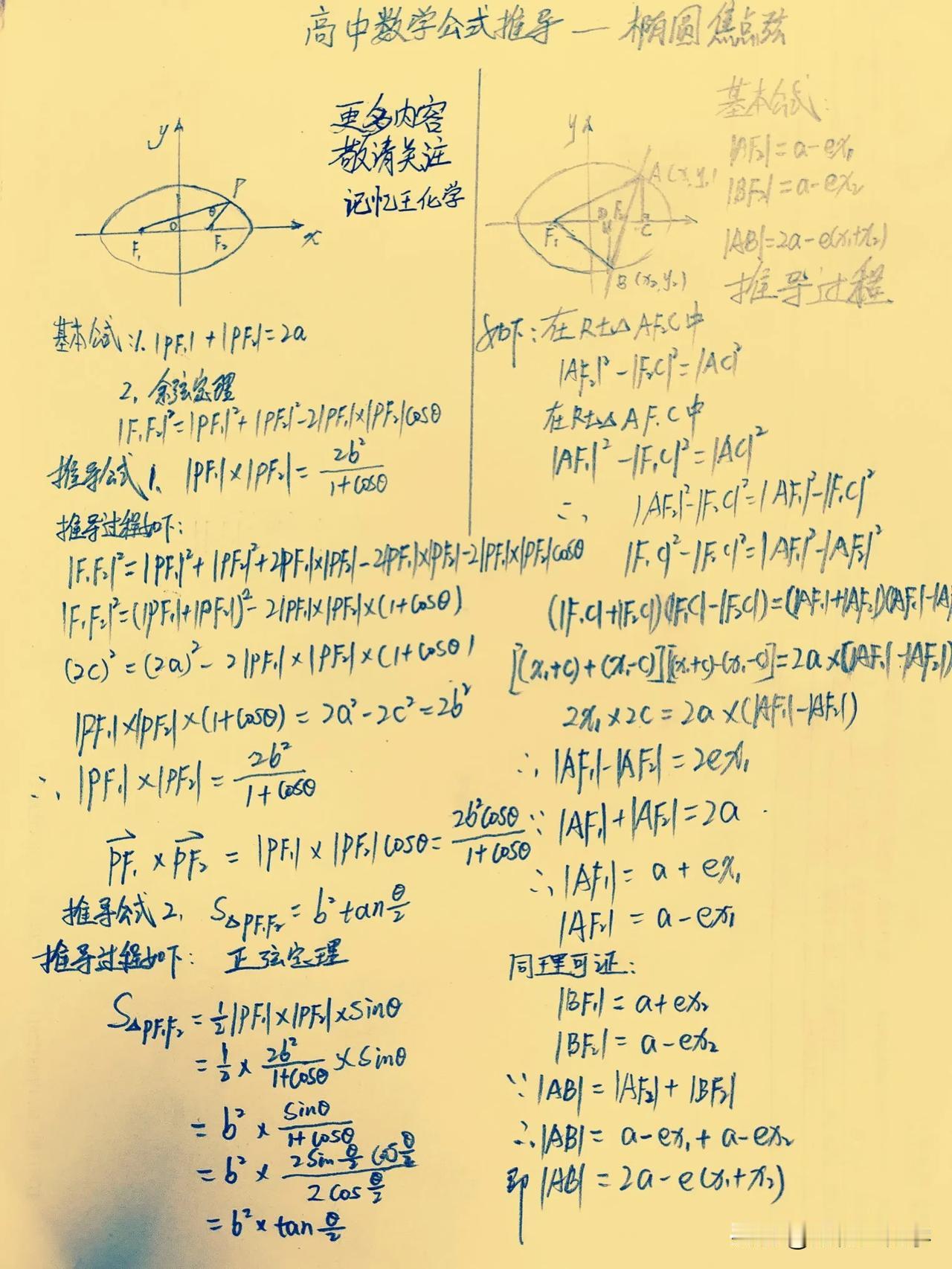 高中数学公式推导：椭圆相焦点弦
高中的数学公式繁多，若要牢记于心，就必须进行推导