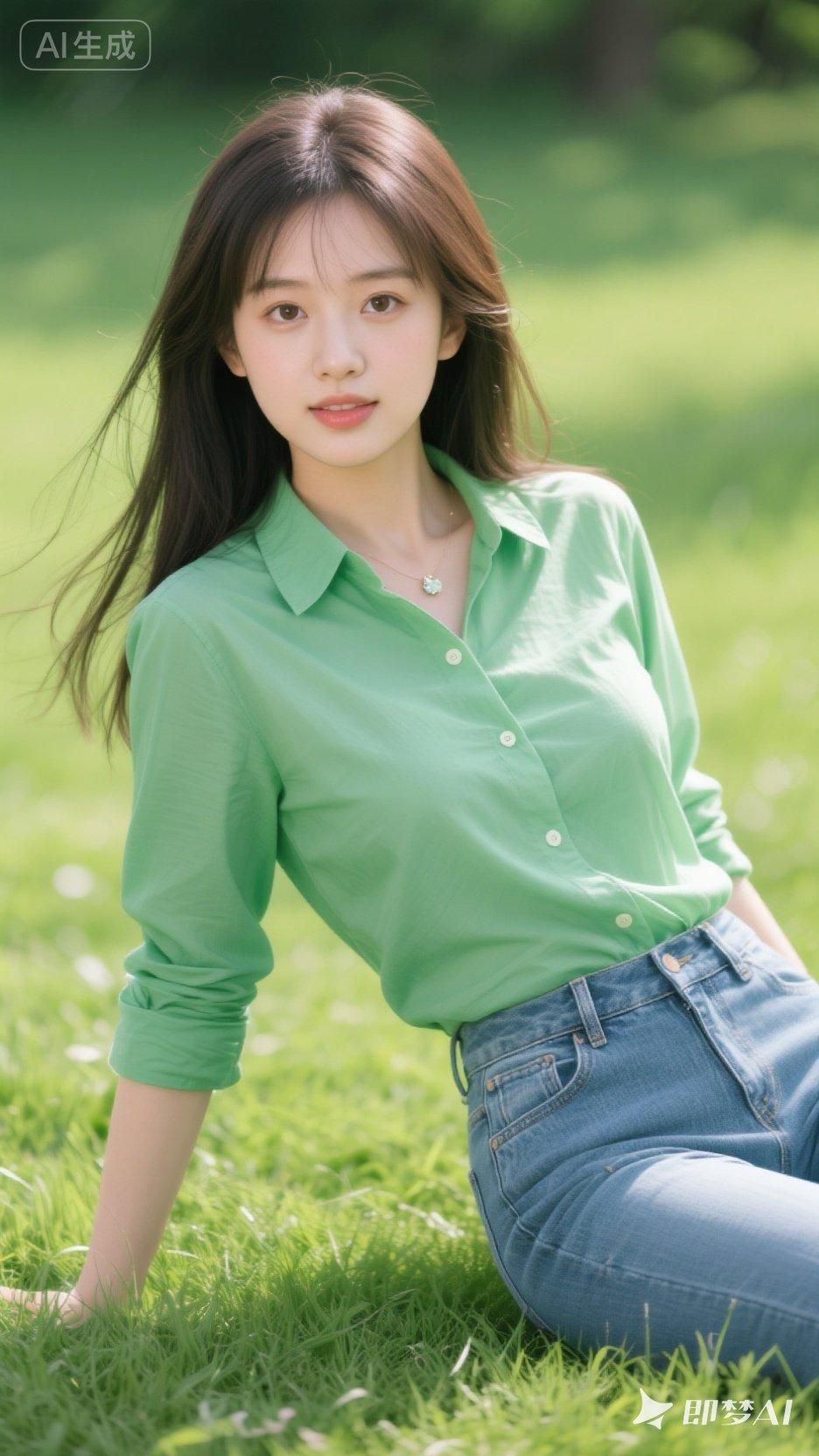 阳光下的清新少女，绿色衬衫与牛仔裤的完美搭配，自然又时尚。