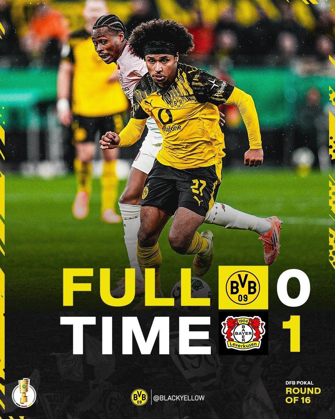 💛🖤全场比赛结束，多特蒙德0-1不敌勒沃库森，遗憾止步德国杯第三轮  cr：