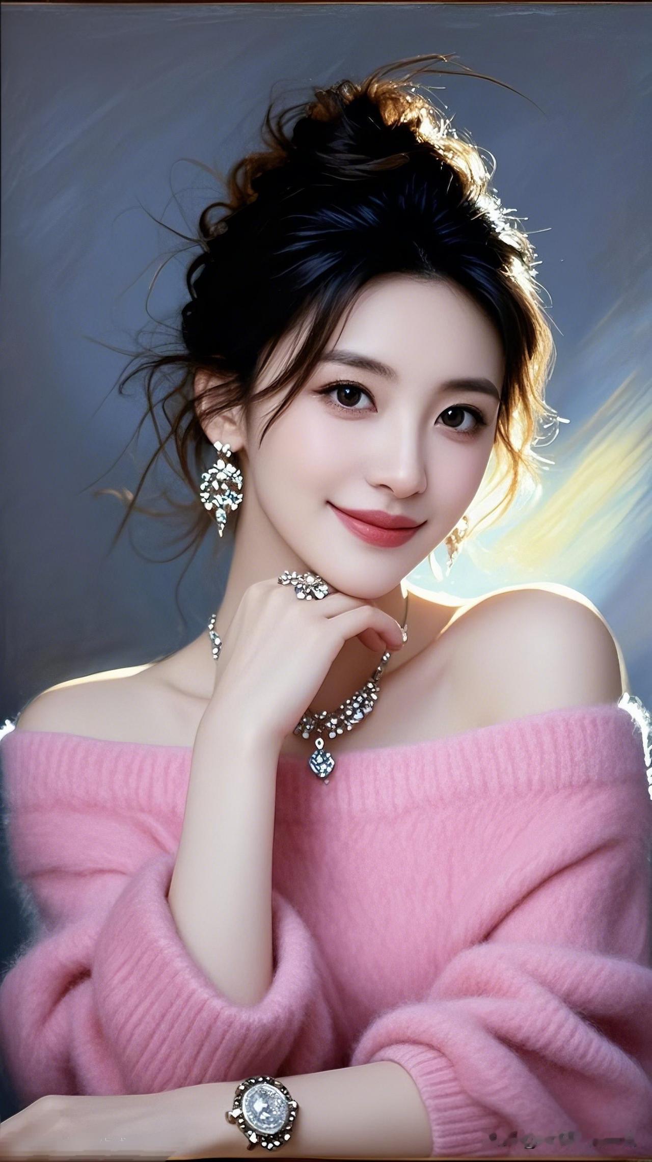 粉衣美人倚，笑靥如花绽。那些年我们喜欢的女神 甜美少女风，粉色毛衣搭配闪亮耳环，