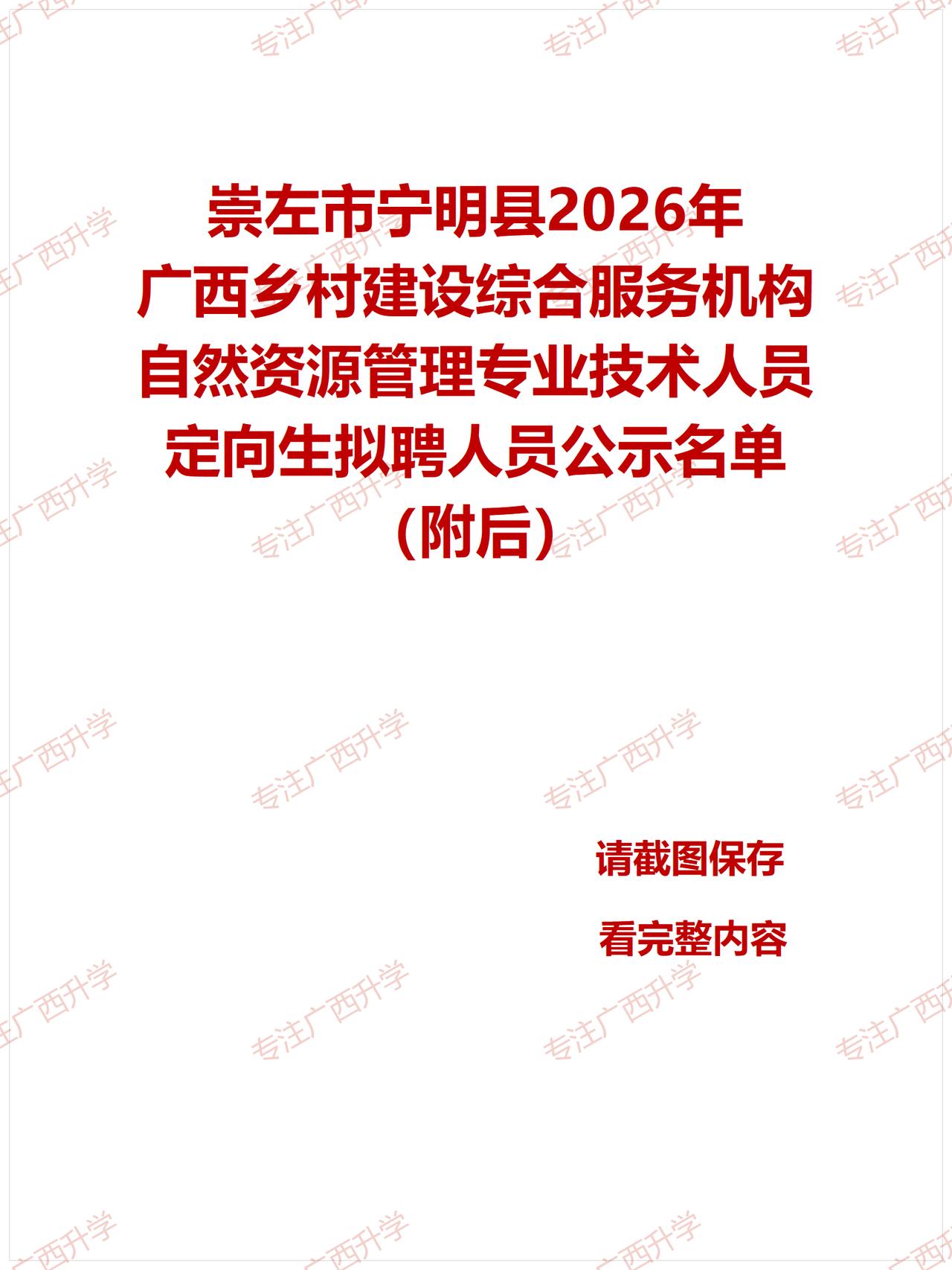 刚出！——
崇左市宁明县2026年广西乡村建设综合服务机构自然资源管理专业技术人