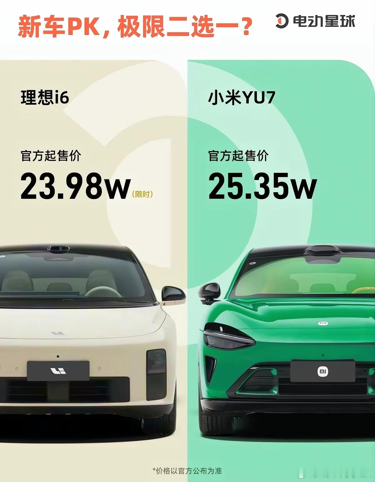 两款纯电SUV理想i6和小米YU7，一个限时优惠价23.98万，一个25.35万