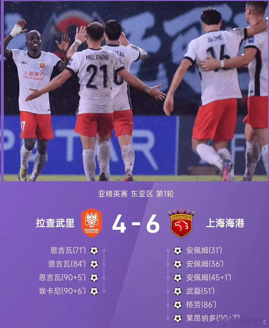 进球大战！26/27赛季亚冠精英赛东亚区首轮，上海海港6-4击败拉查武里，拿下开