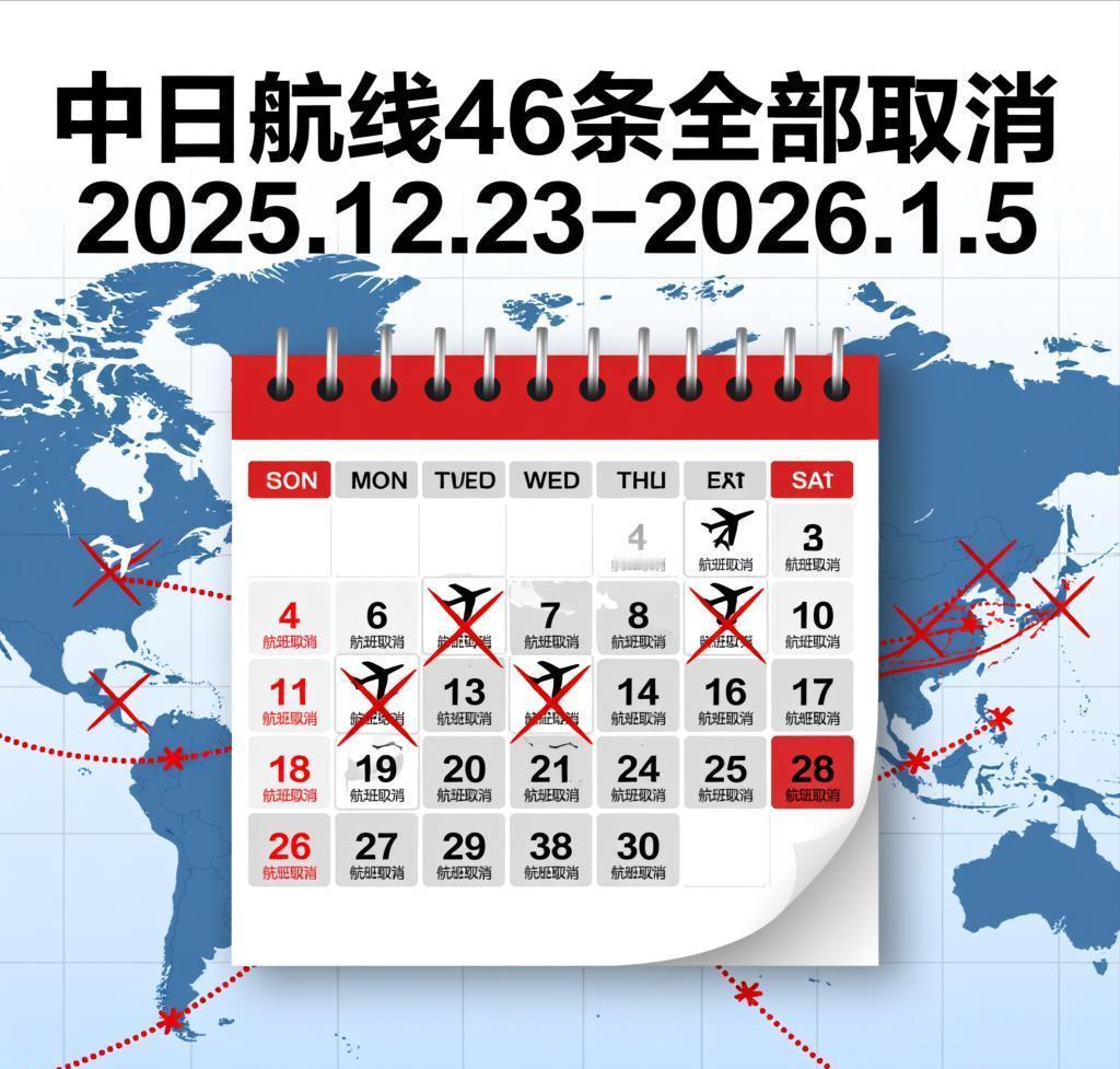 未来两周46条中日航线取消全部航班

2026年1月中国大陆往返日本航班取消量已