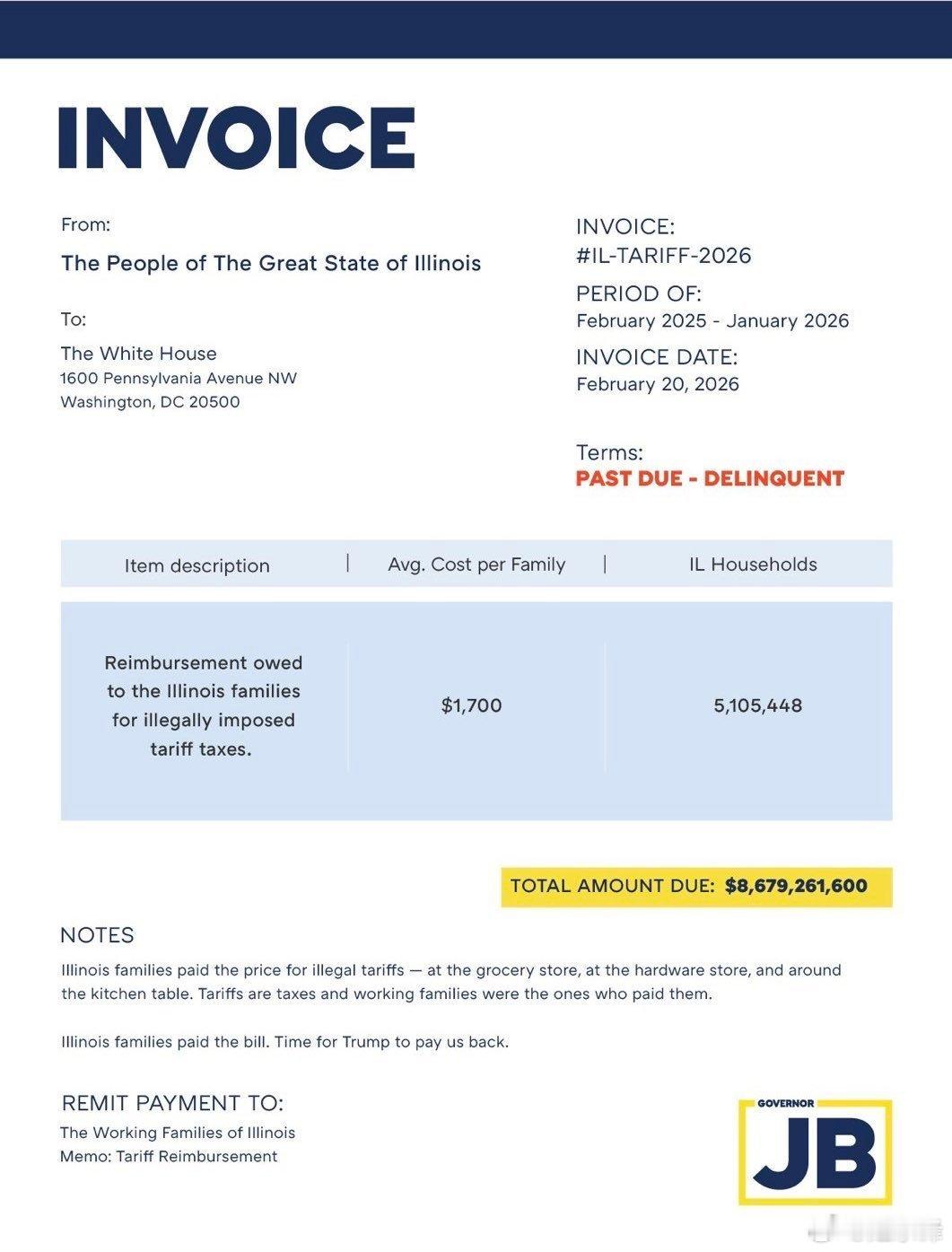 最新消息： 🇺🇸伊利诺伊州州长 JB Pritzker 向特朗普总统发出账单