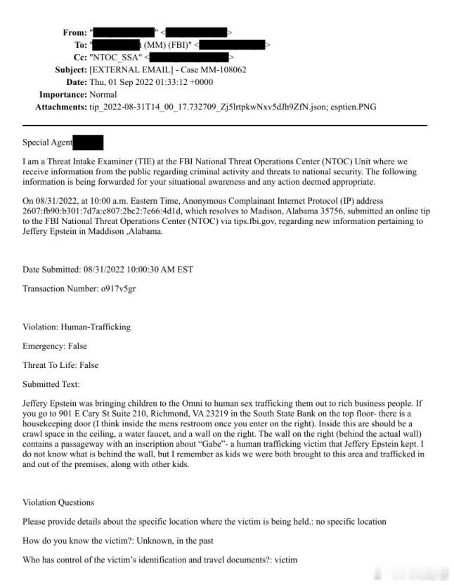 爱泼斯坦2022年9月联邦调查局关于杰弗里·爱泼斯坦“贩卖儿童”的匿名举报：杰弗