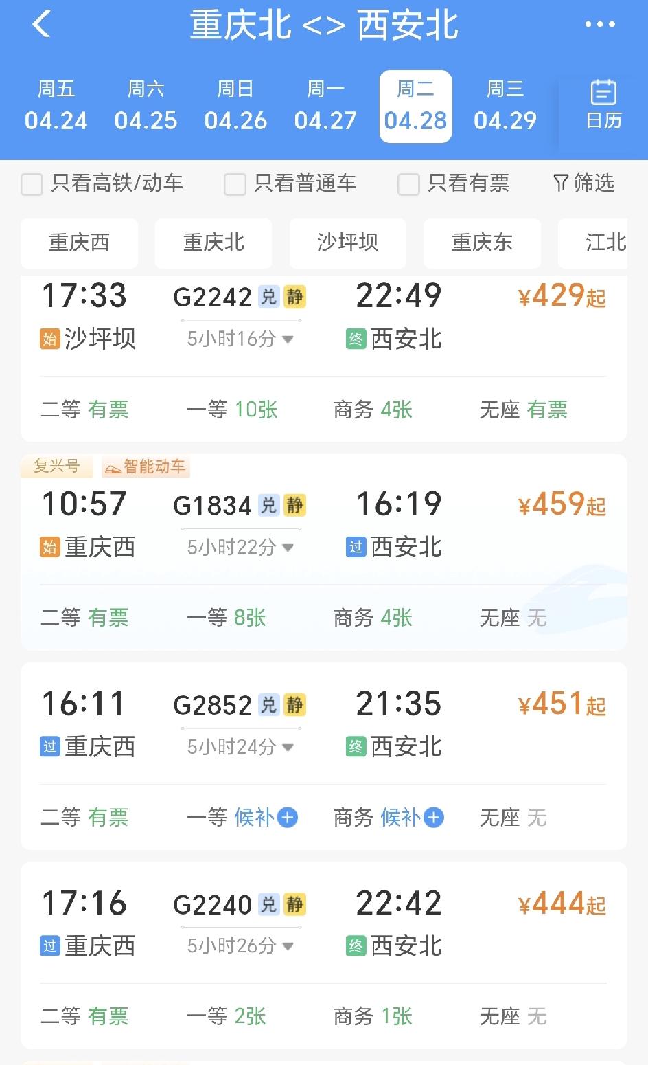 感觉要坐不起高铁了，重庆到西安的高铁，二等座都要400多块了，重庆西到西安北的G