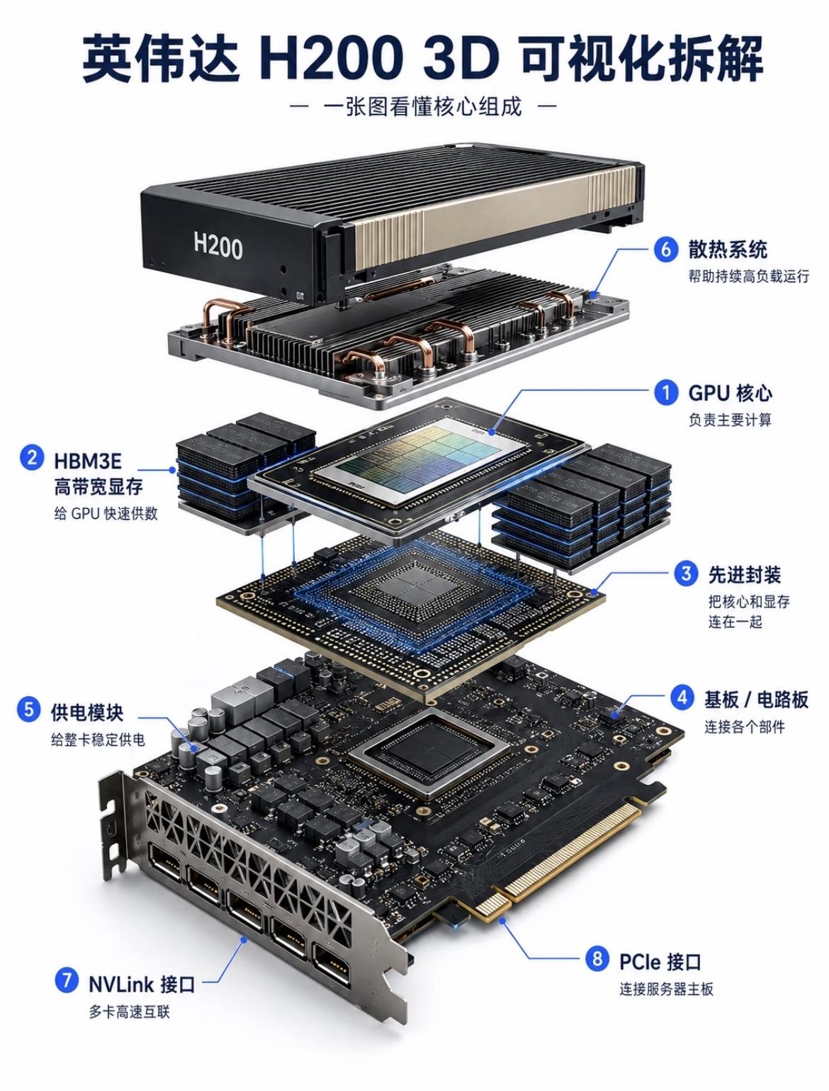 九张图看懂：拆解英伟达黄仁勋的H200
大脑：GPU 核心
H200干活的地方，