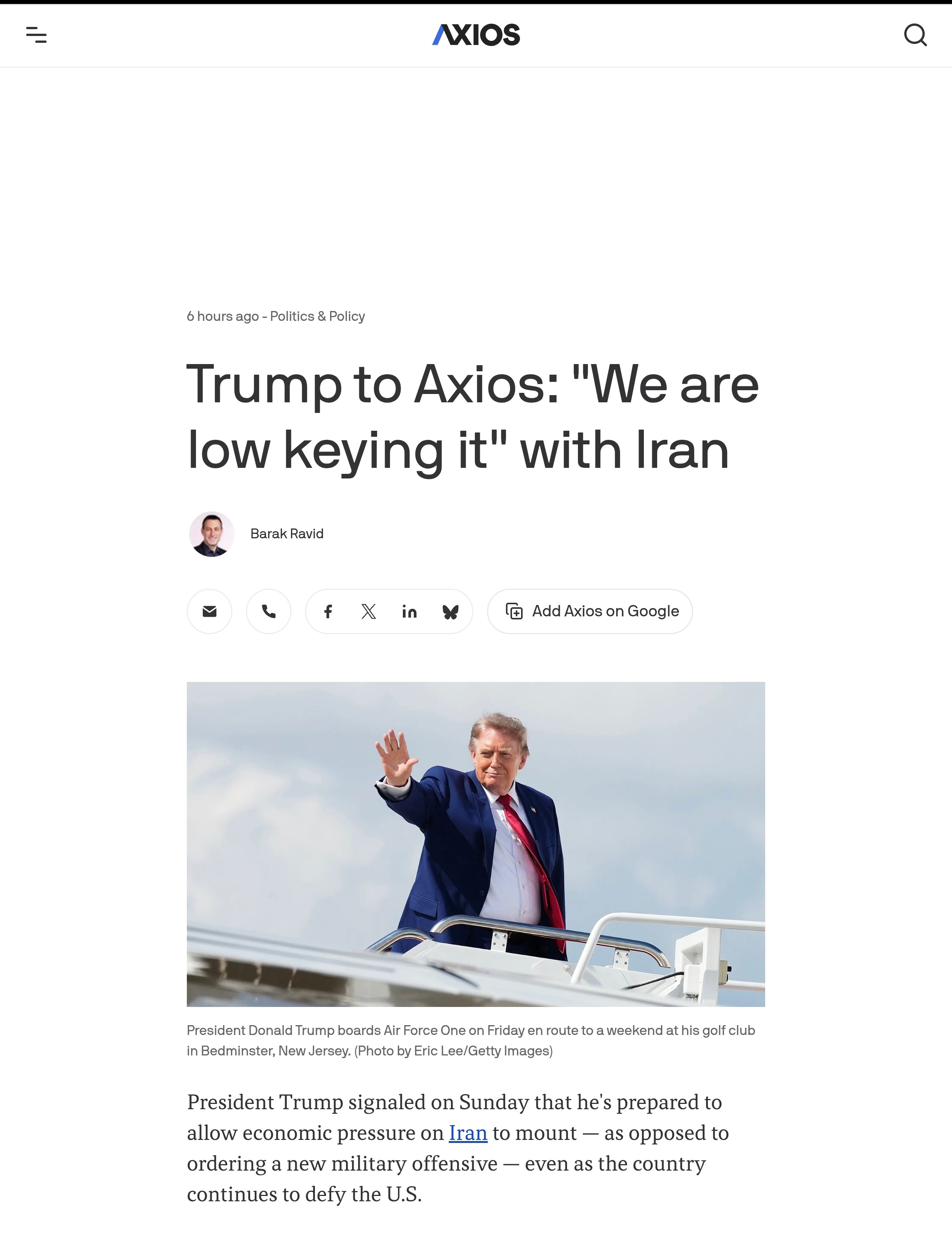 Axios报道，美国总统特朗普表示，美国在处理伊朗问题上采取“低调”姿态，目前仅