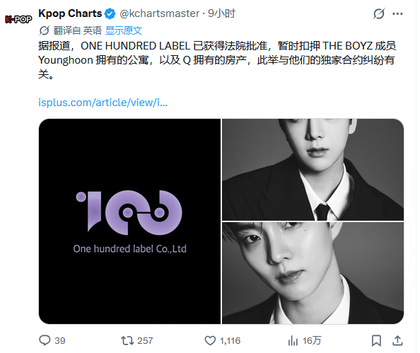 据报道，因合约纠纷ONE HUNDRED LABEL已获得法院批准，暂时扣押 T