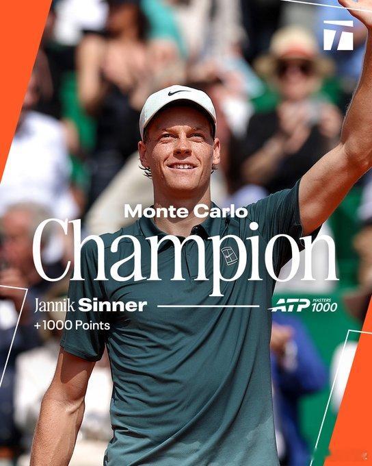 蒙特卡洛大师赛决赛辛纳7-6,6-3阿卡拉斯连续四个大师赛拿下冠军大师赛连胜22