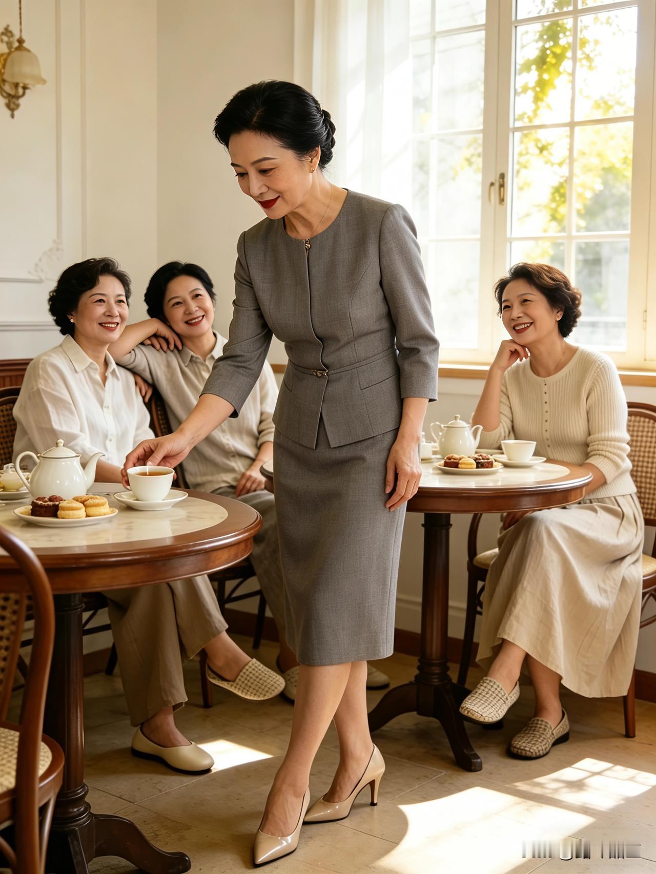 昨天和老姐妹喝下午茶，有个姐妹穿得特别隆重，结果全程都放不开。
 
我们都是处了