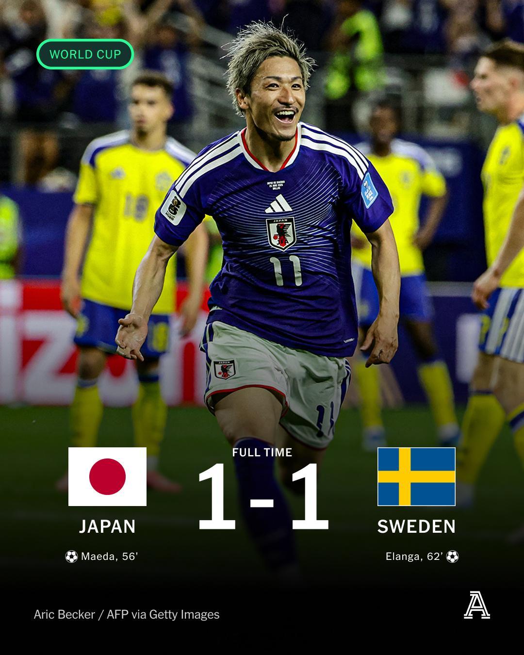 日本1比1瑞典日本瑞典携手晋级 打平就出线的日本队，打平出线了，这两进球都好看！