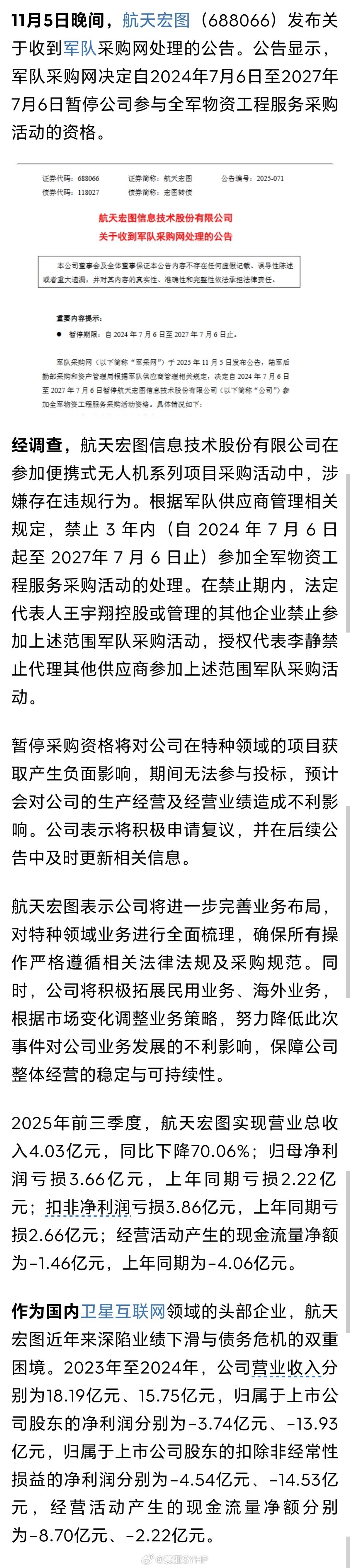 航天宏图被暂停军队采购资格3年涉嫌便携式无人机项目违规11月5日晚间，航天宏图发