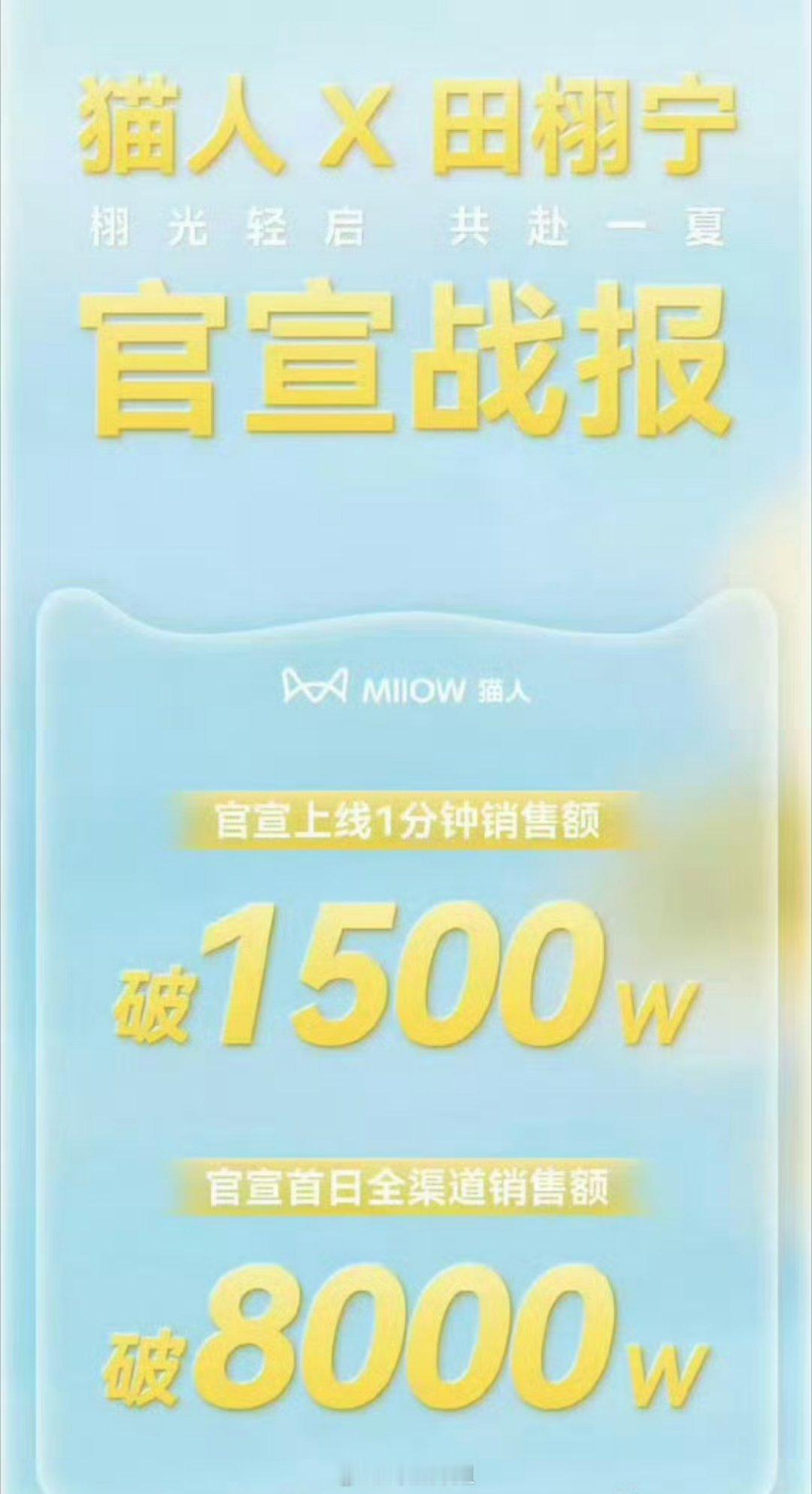 猫人发了田栩宁的官宣战报，官宣上线一分钟销售额破1500w，官宣首日全渠道销售额