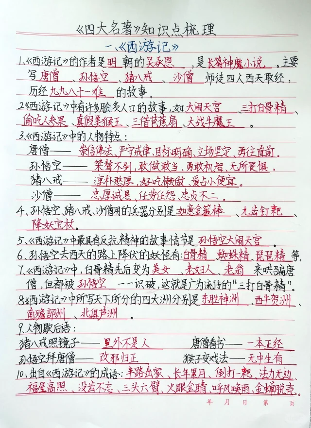 五下语文期末复习四大名著知识点（附空白页