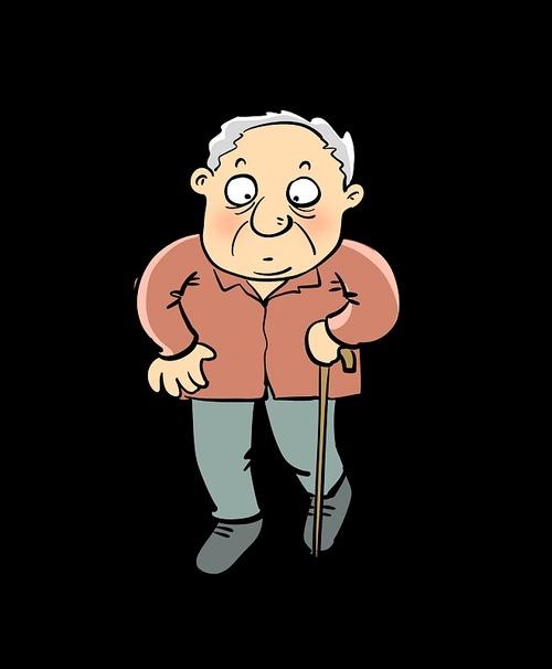 老人拄着拐杖在外散步，前面一只小狗正趴在路边睡觉。这时老人突然快步走过去拿起拐杖