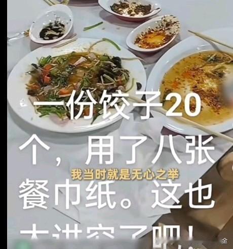近日一段店家吐槽顾客吃饺子用八张纸巾的视频引发争议。店主随口感慨顾客用纸浪费，不