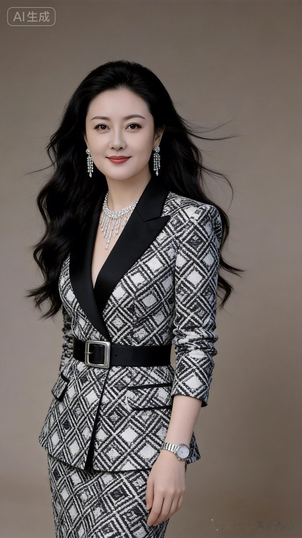 优雅职场风，黑白格纹西装搭配珠宝，尽显女性魅力！💄✨