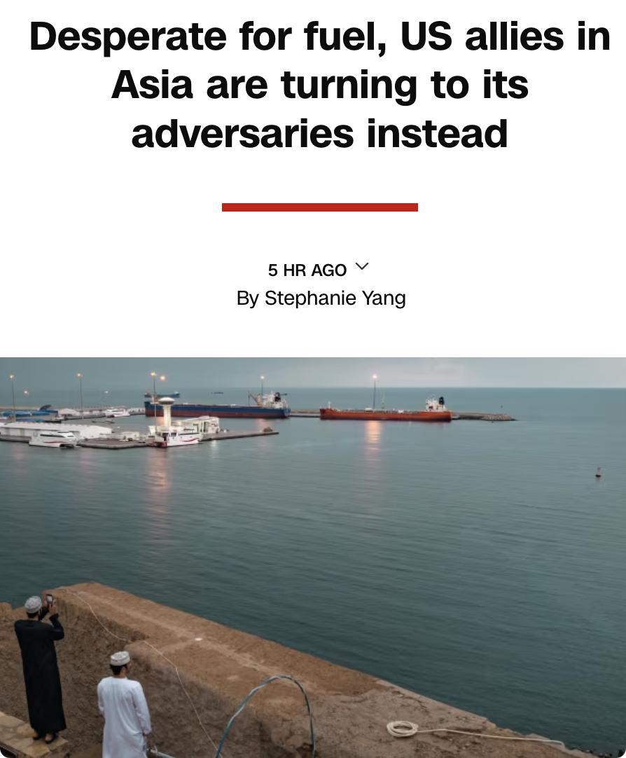 美媒：美伊冲突导致霍尔木兹海峡被封锁后，亚洲盟友因能源危机被迫转向美国对手寻求燃