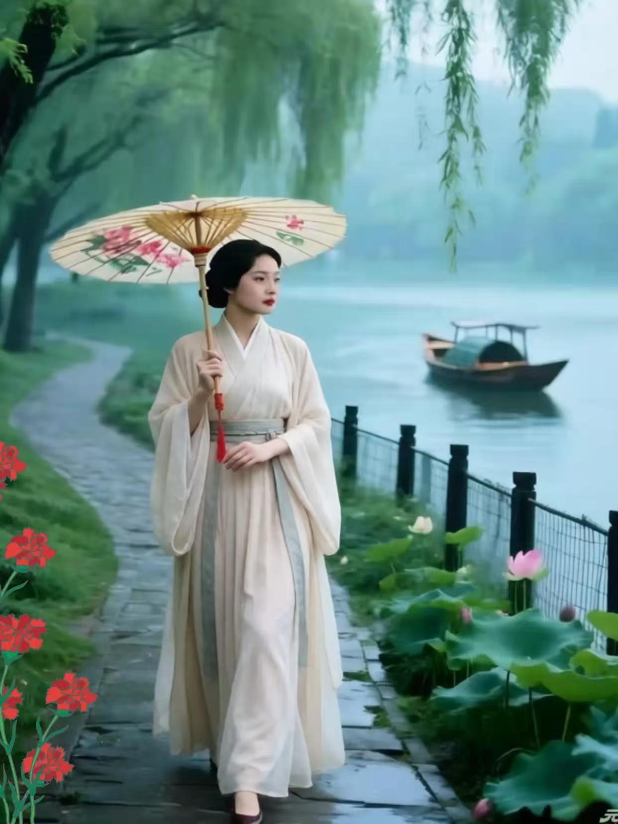 塞鸿秋·暮夏闲怀
柳烟轻覆软尘红，
伞影摇曳荷风送。
孤舟不语随波涌，
远岫含烟