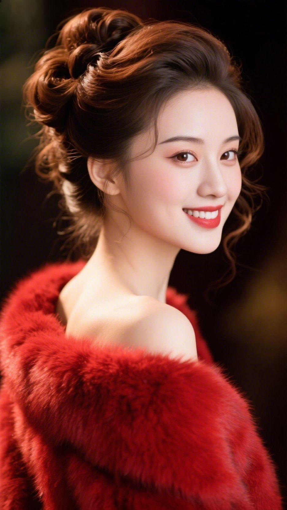 《红绒栖暖光》
 
暗境里的红绒似揉碎的暖霞，轻覆在舒展的肩侧，发间卷涡沾着柔润