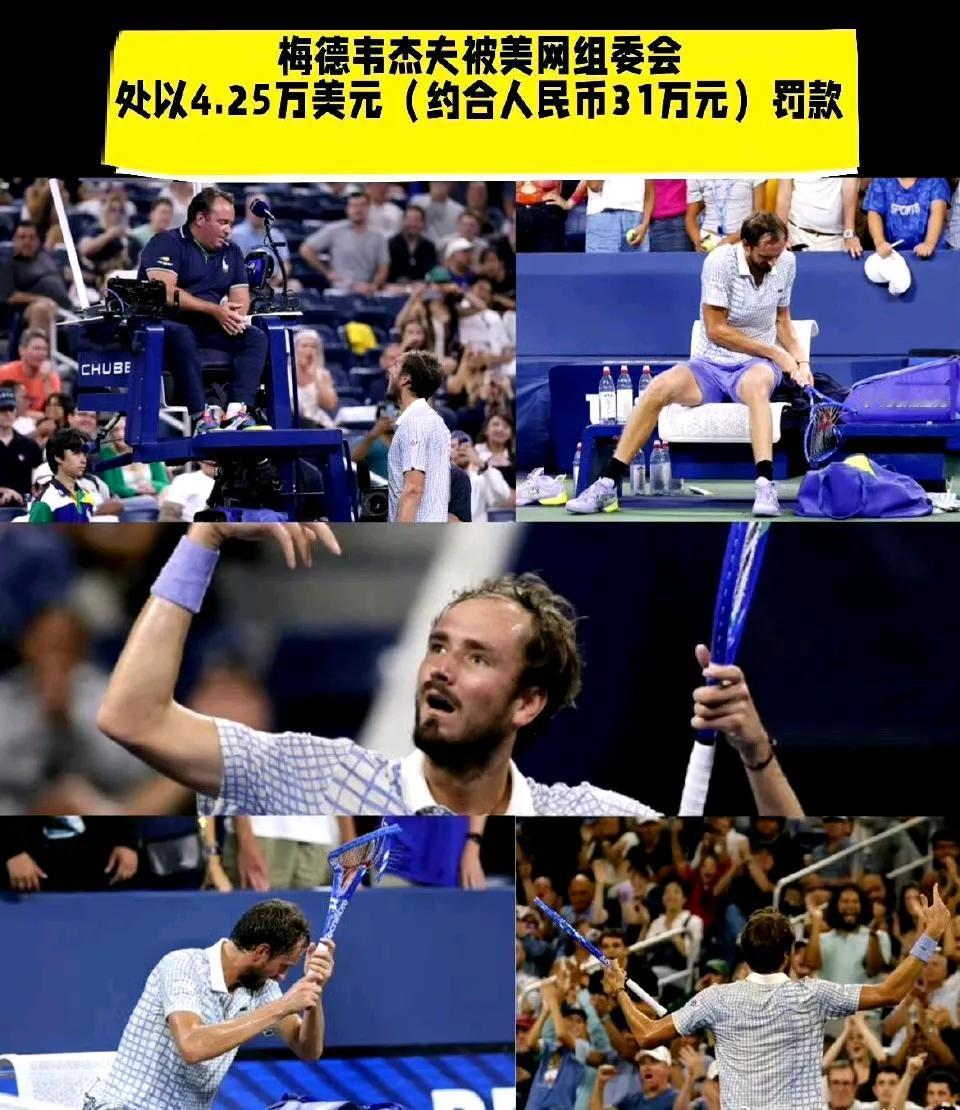 梅德韦杰夫因在美网首轮与邦奇的比赛中爆发冲突被罚4.25万美元，包括：
1、因违