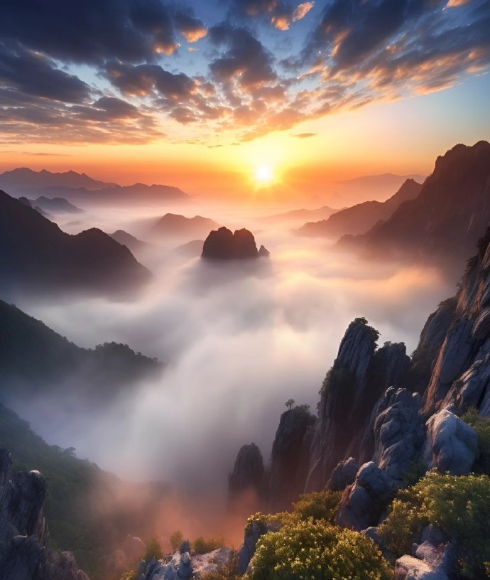 红日一轮出远际，霞光万丈照神州。 ​​​
