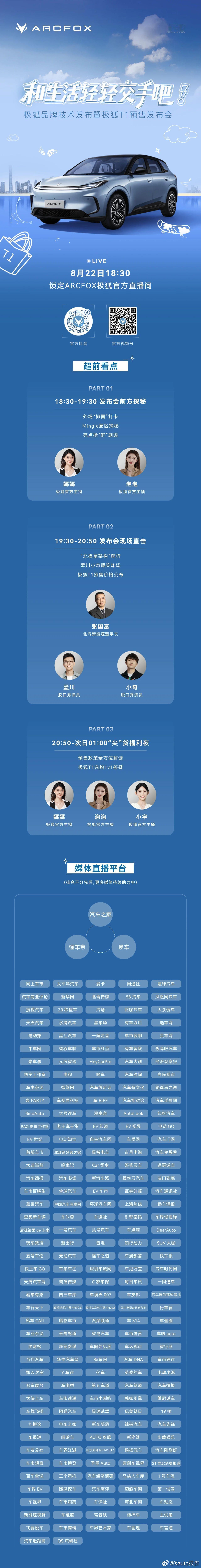 极狐品牌技术发布暨极狐T1预售发布会定档8月22日，极狐汽车发布，极狐品牌技术发