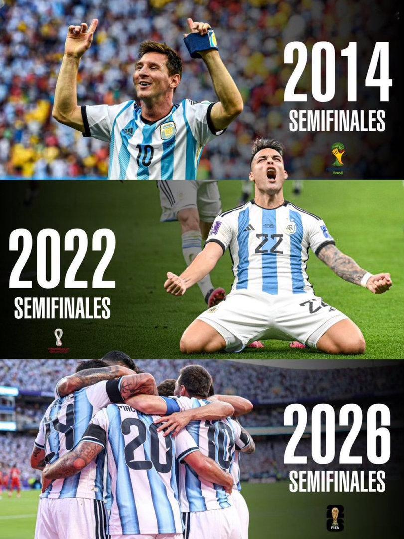 🇦🇷🔥 阿根廷国家队在过去4届世界杯中的3届打入半决赛：✅ 巴西2014 
