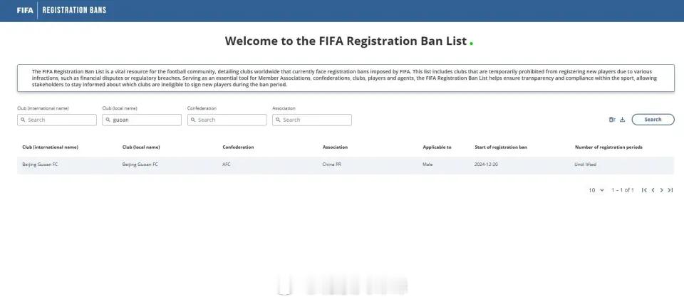 【FIFA官网显示，北京国安新增一条转会禁令，为无限期转会禁令】FIFA官网显示