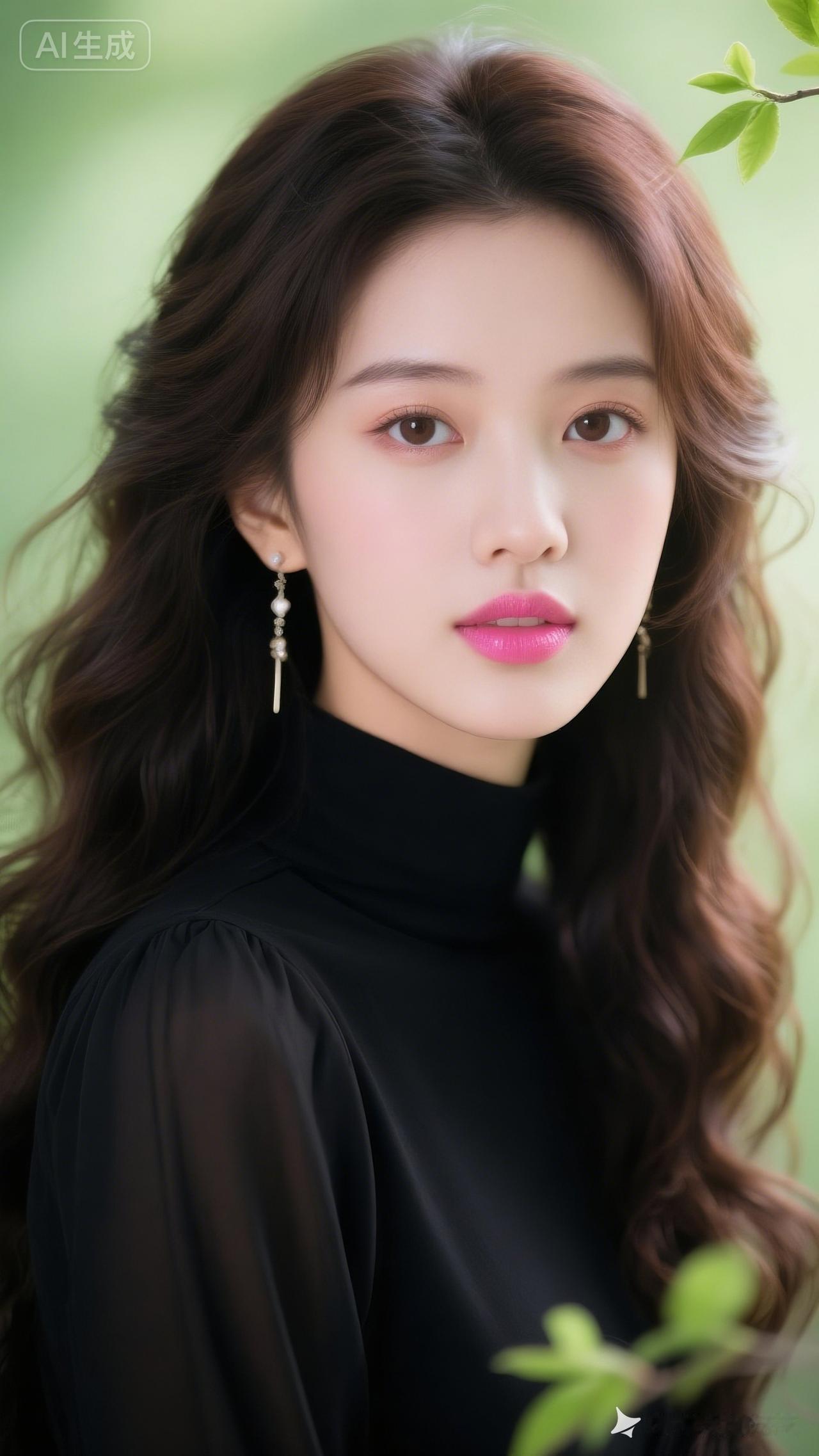 绝色佳人肤白貌美，黑棕微卷长发分明，浓眉大眼配粉色亮光唇彩，眼神妩媚明亮，白皙肌