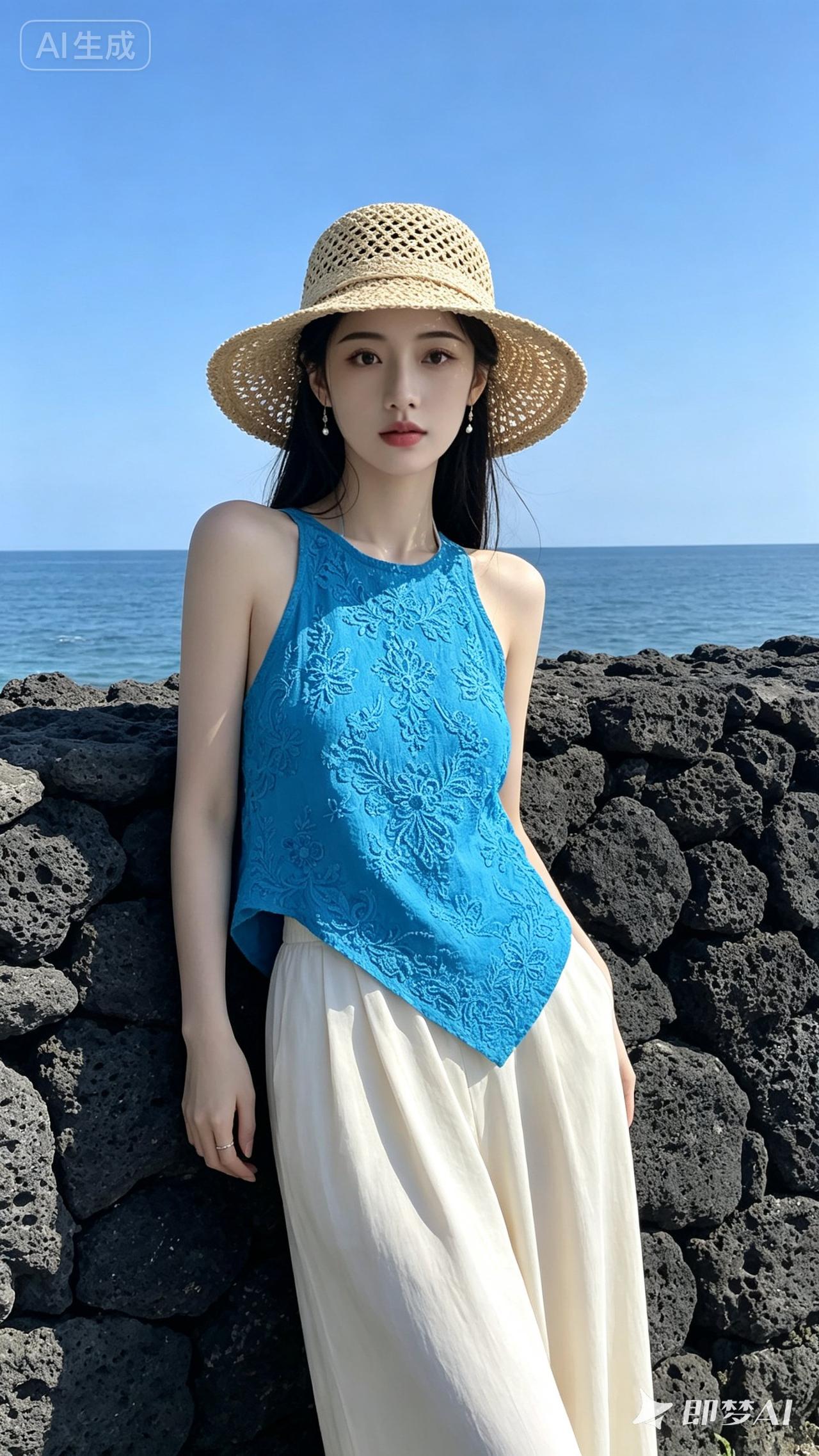 海边度假穿搭指南：蓝色蕾丝上衣+白色长裤+草帽，清新自然，美不胜收！