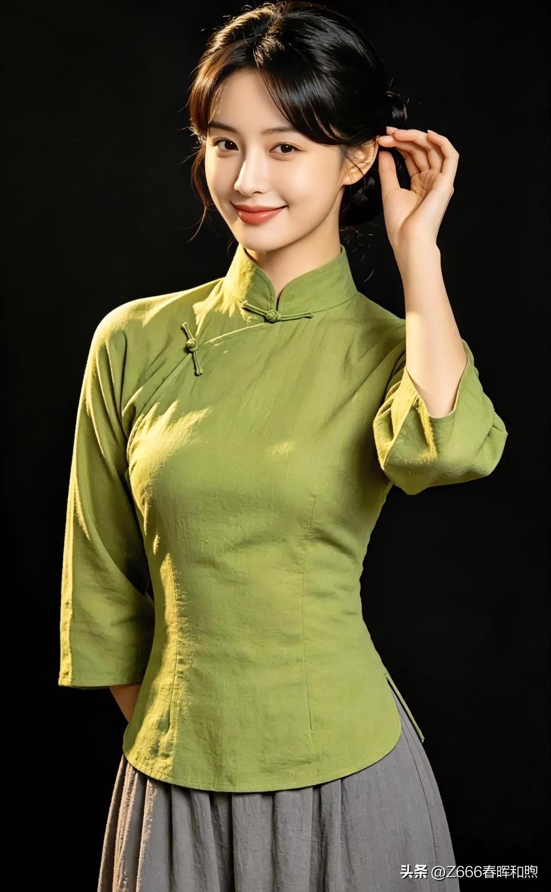 墨绿旗袍上衣，盘扣精致，勾勒出东方雅韵。指尖轻触发梢，笑意温婉，如古画中的佳人，