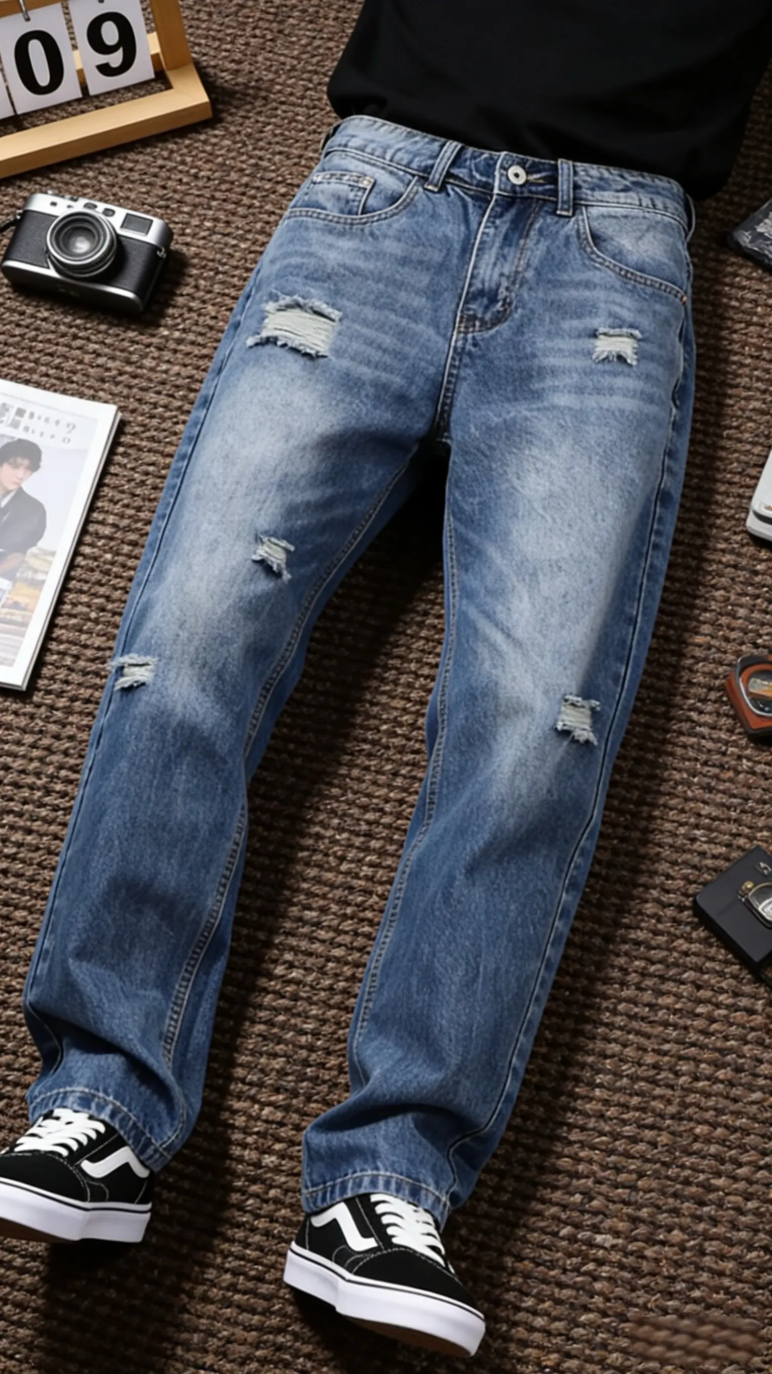 水洗蓝色破洞美式复古显瘦牛仔裤男款春秋休闲痞帅百搭宽松直筒裤