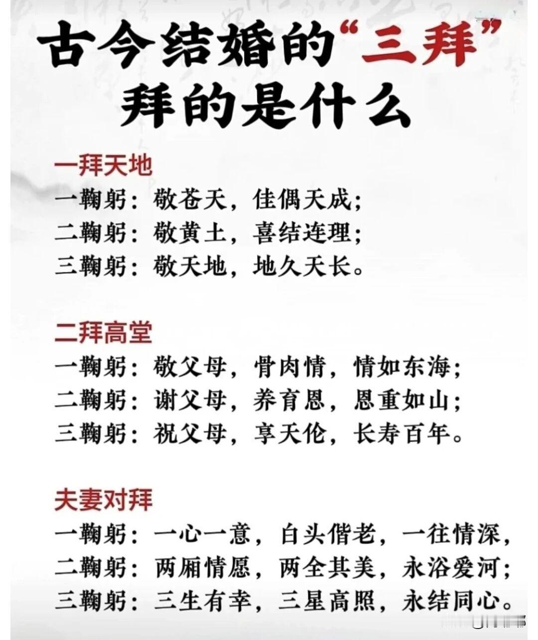 古今结婚的“三拜”拜的是什么？[祈祷]也就是我们常说的一拜天地，二拜高堂，夫妻对