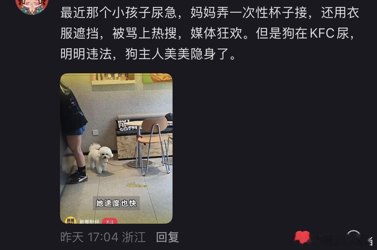 餐厅里狗能撒尿，儿童尿急却不行，彰显社会的文明包容。 ​​​