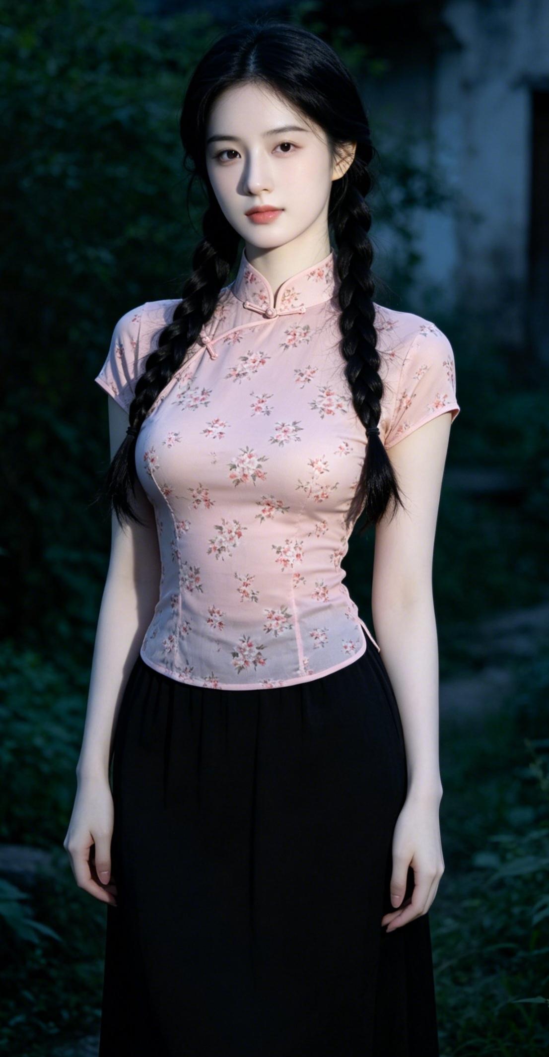 旧巷晚风，碎花藏少女心事，双辫垂肩，一身民国温柔，粉衫碎花，是从前江南小姑娘。