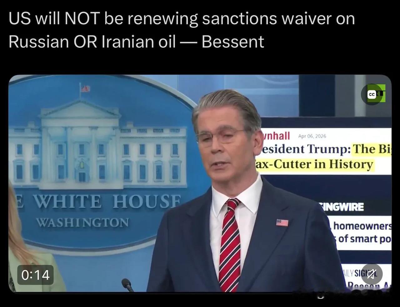 刚刚：贝森特在声称美国不会续签对俄罗斯或伊朗石油的制裁豁免令两天后，其财政部悄然
