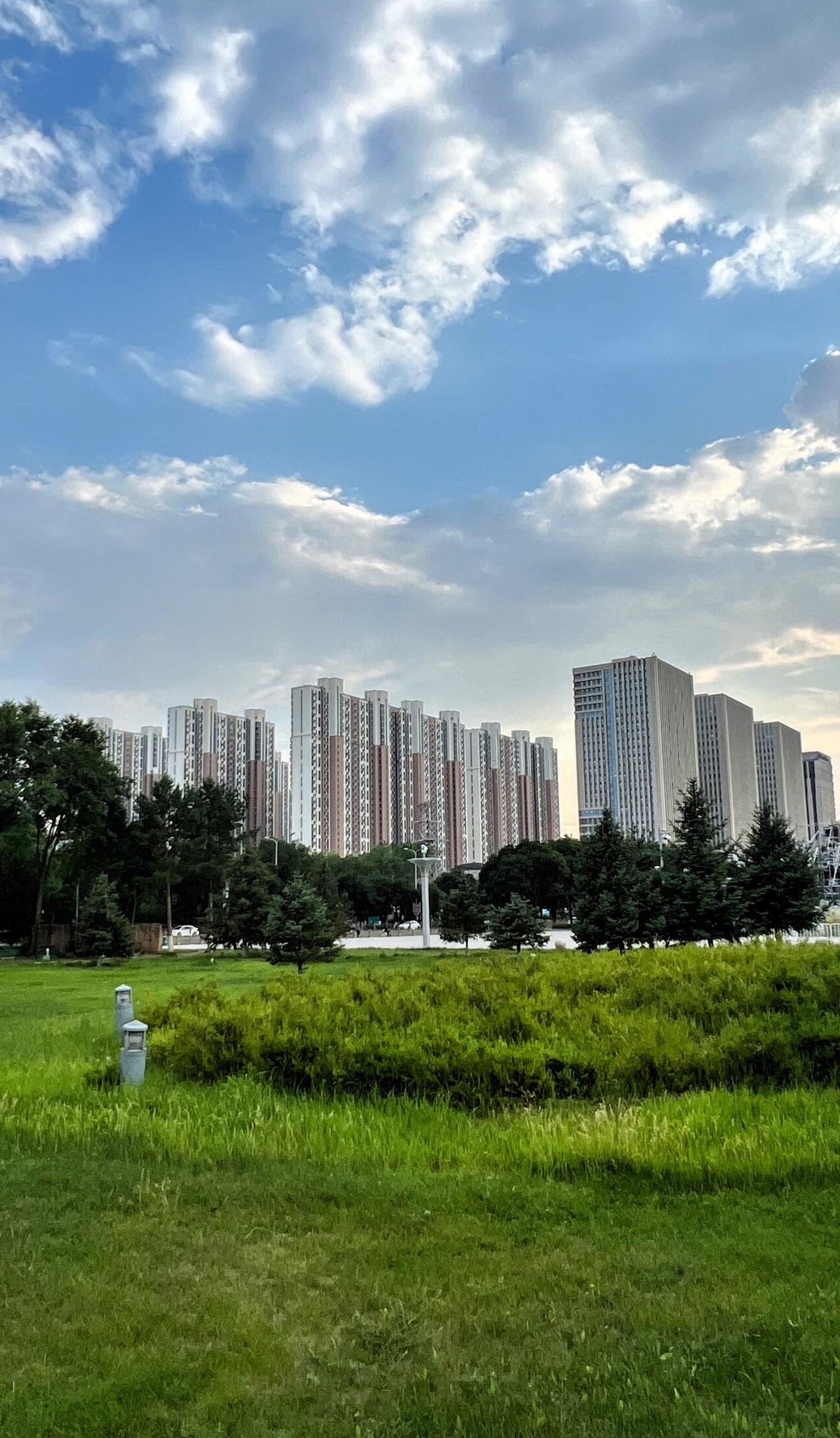 拍摄大自然美景春日赏景：城市绿洲，蓝天白云，静享自然之美与繁华都市的浪漫意境。春