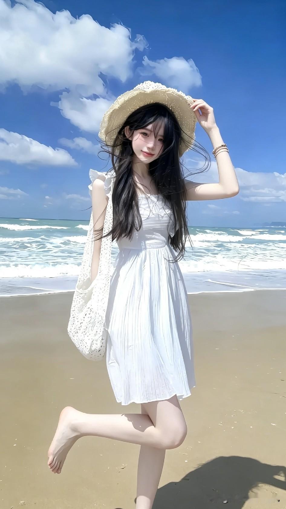 挑了个晴天去海边，草帽被海风掀得微微晃动，长发散在肩头随浪风乱飘。脚下是温热细软
